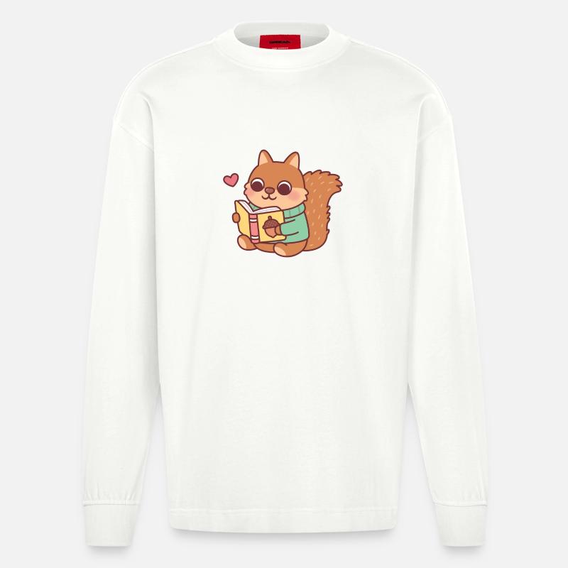 Niedliches Eichhörnchen liest ein Buch - Heavyweight Oversized Organic Langarmshirt Made in EU - OFF WHITE