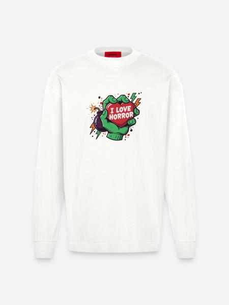 HorrorHeart in Zombie Hand - Heavyweight Oversized Organic Longsleeve Shirt Made in EU - OFF WHITE