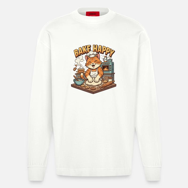 Backfreude Katze Bäckt Cookies - Heavyweight Oversized Organic Langarmshirt Made in EU - OFF WHITE