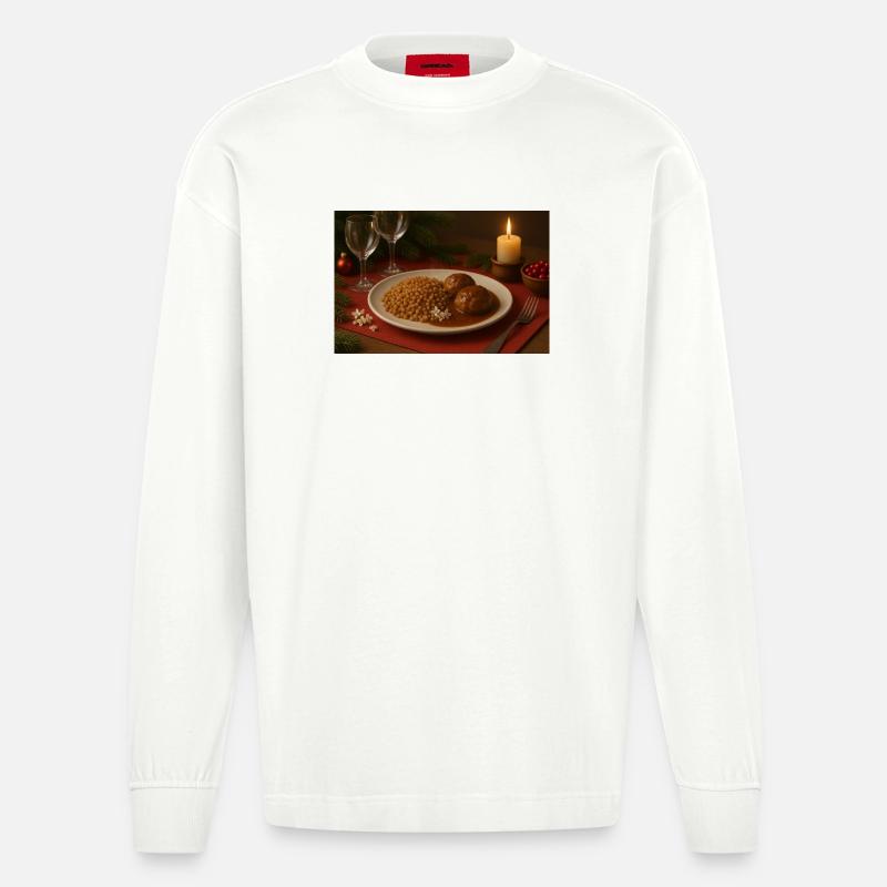Festlicher Buchweizen-Fleischbällchen Teller - Heavyweight Oversized Organic Langarmshirt Made in EU - OFF WHITE