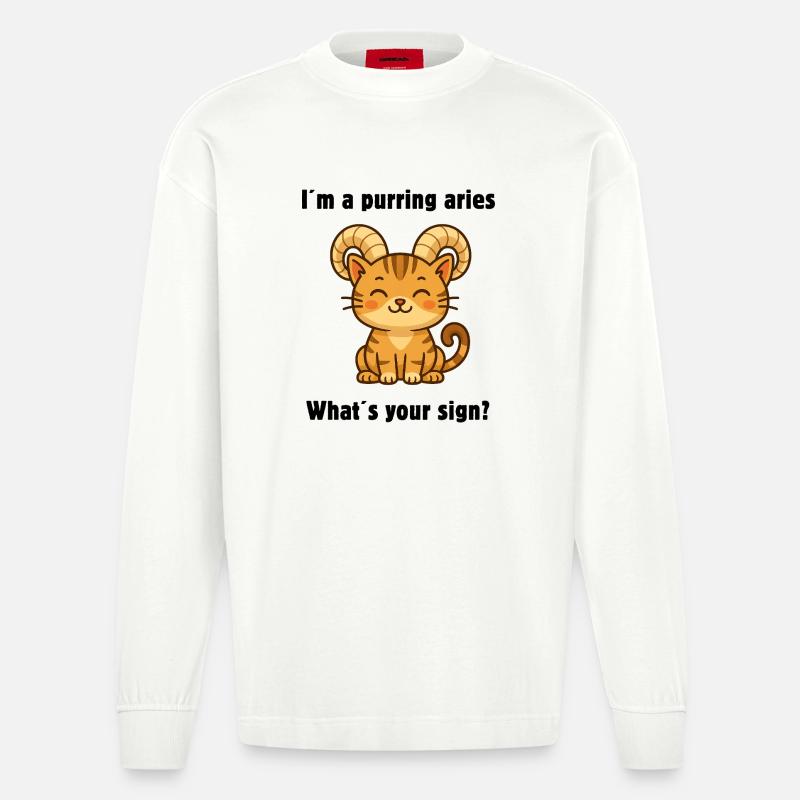 Süße Widder Katze – Starkes Sternzeichen Design - Heavyweight Oversized Organic Langarmshirt Made in EU - OFF WHITE