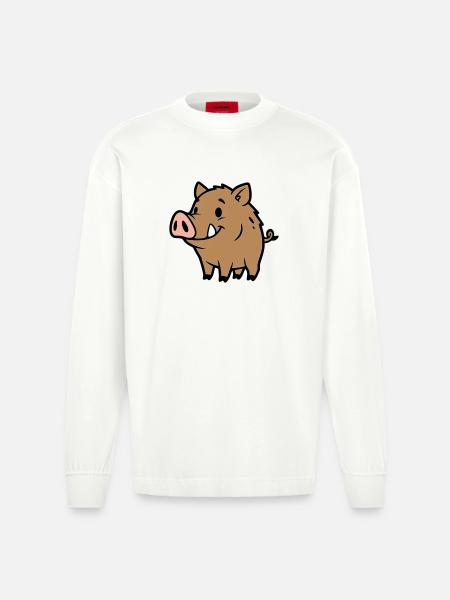 Süßes Wildschwein Comic Glücksbringer - Heavyweight Oversized Organic Langarmshirt Made in EU - OFF WHITE