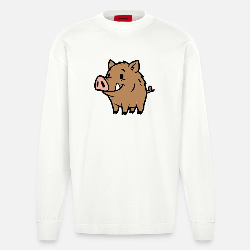 Süßes Wildschwein Comic Glücksbringer - Heavyweight Oversized Organic Langarmshirt Made in EU - OFF WHITE