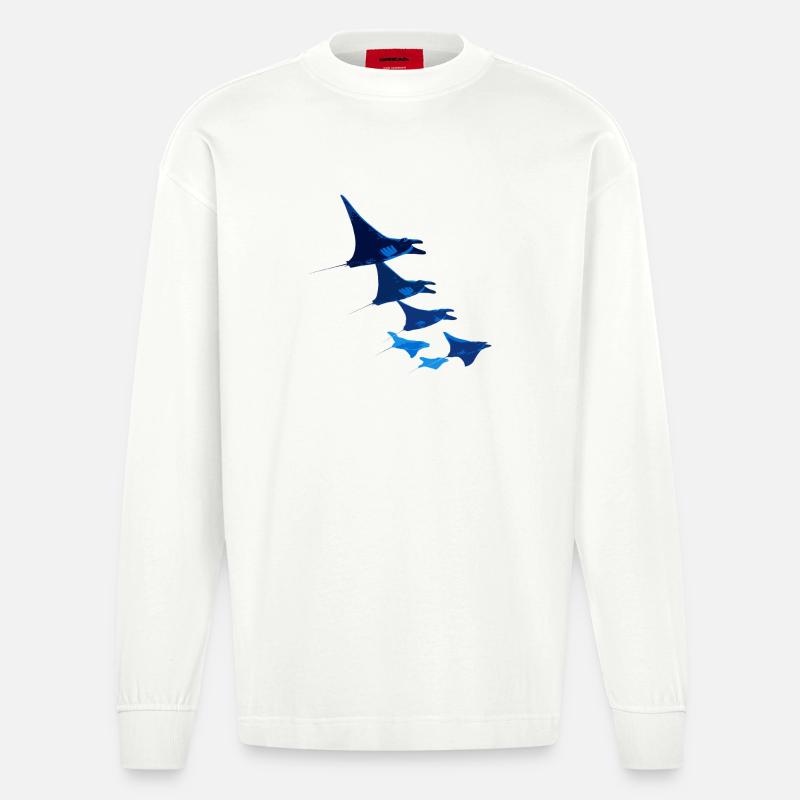 Manta Ray, Devil Ray, Stingray, Diver - Heavyweight Oversized Organic Longsleeve Shirt Made in EU - OFF WHITE