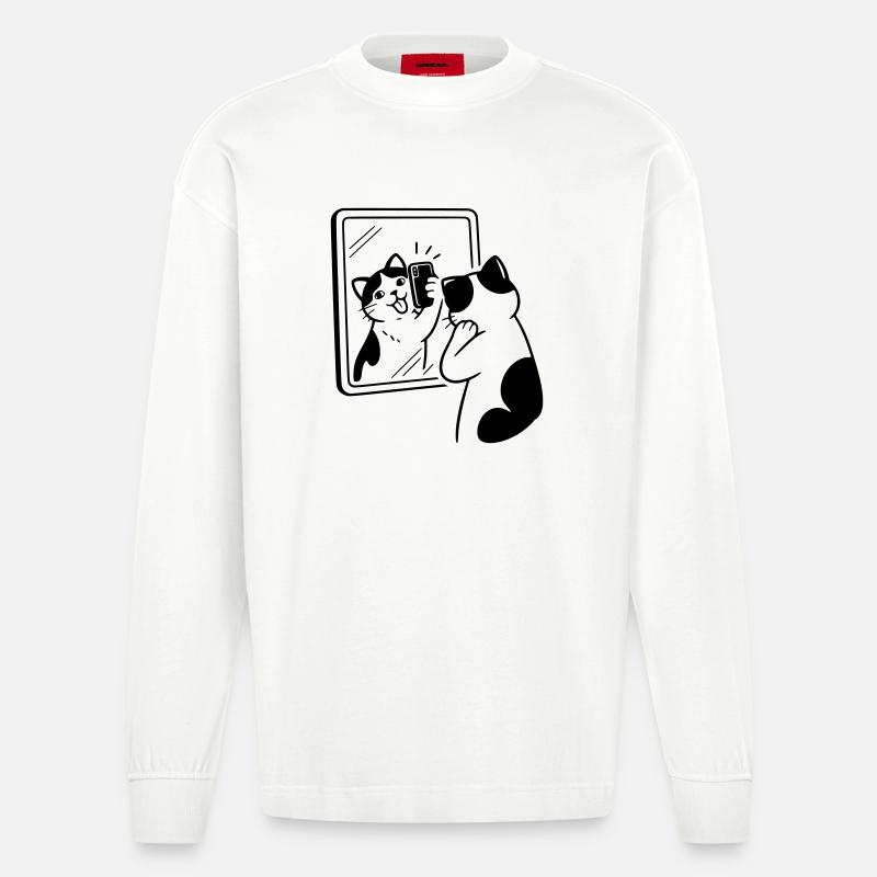 Selfie dans le miroir du chat - Manches longues bio épais oversize fabriqué en UE - OFF WHITE