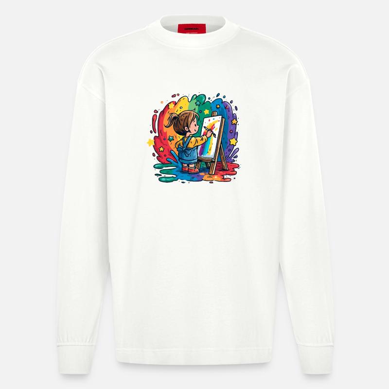 Kleines Kind malt im Farbregen - Heavyweight Oversized Organic Langarmshirt Made in EU - OFF WHITE