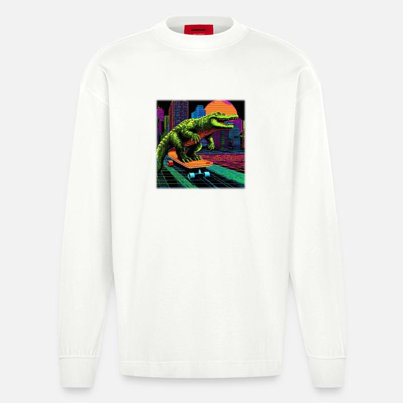 Pixel Art Krokodil – Retro Skater Synthwave - Heavyweight Oversized Organic Langarmshirt Made in EU - OFF WHITE