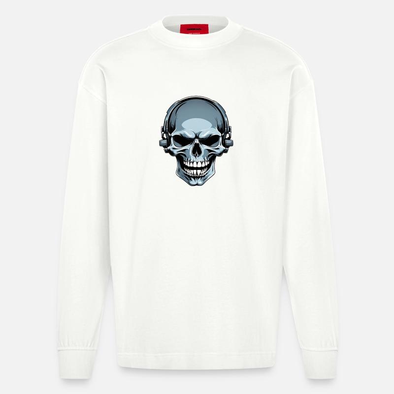 Schädel mit Kopfhörern Illustration - Heavyweight Oversized Organic Langarmshirt Made in EU - OFF WHITE
