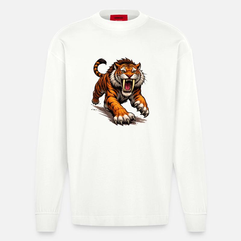 Comic Tiger Angriff - Heavyweight Oversized Organic Langarmshirt Made in EU - OFF WHITE
