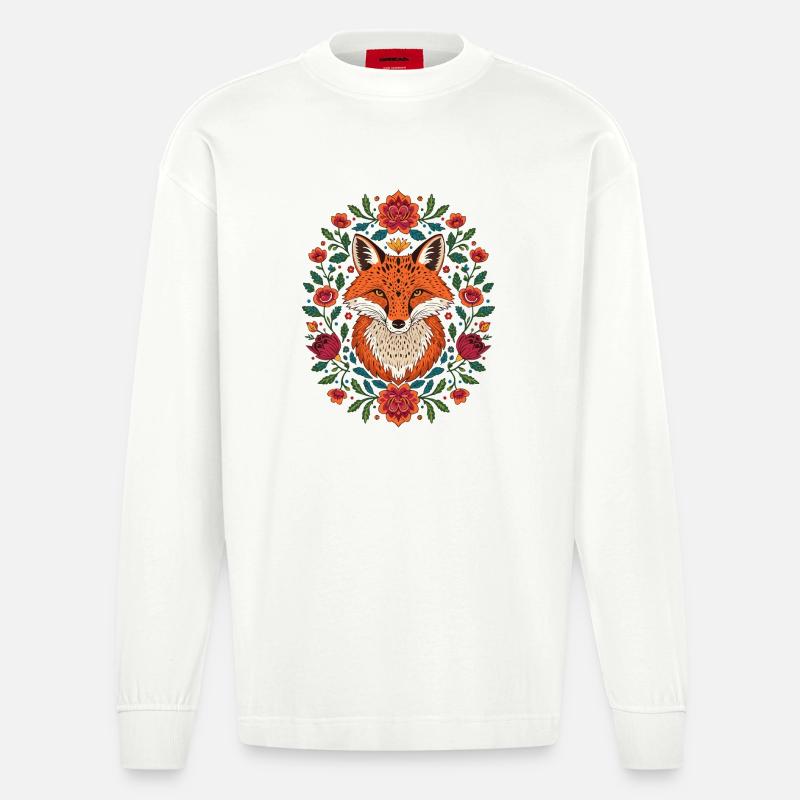 Fuchs im Blütenkranz Farbexplosion - Heavyweight Oversized Organic Langarmshirt Made in EU - OFF WHITE