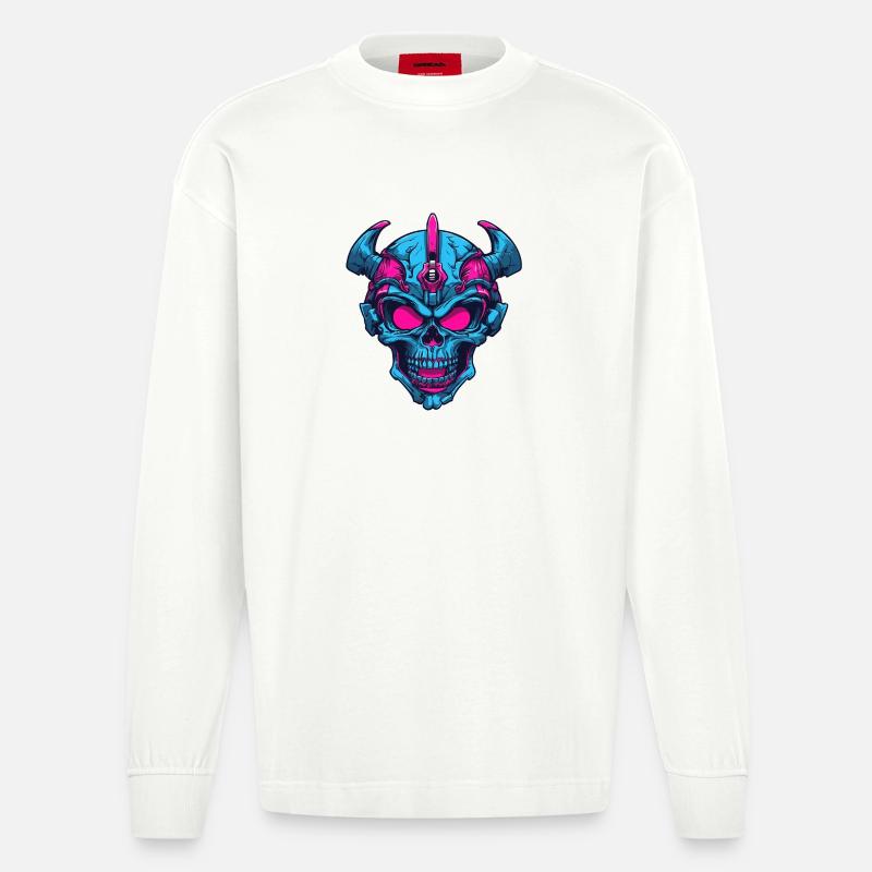Neon Dämonenschädel - Heavyweight Oversized Organic Langarmshirt Made in EU - OFF WHITE