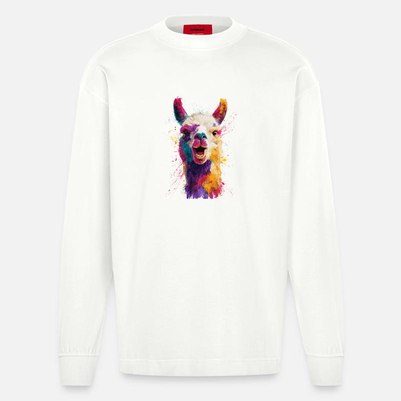 Farbenfrohe Llama Explosion - Heavyweight Oversized Organic Langarmshirt Made in EU - OFF WHITE