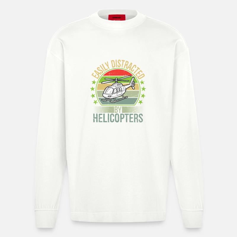 Easily Distracted By Helicopters - Heavyweight Oversized Organic Langarmshirt Made in EU - OFF WHITE