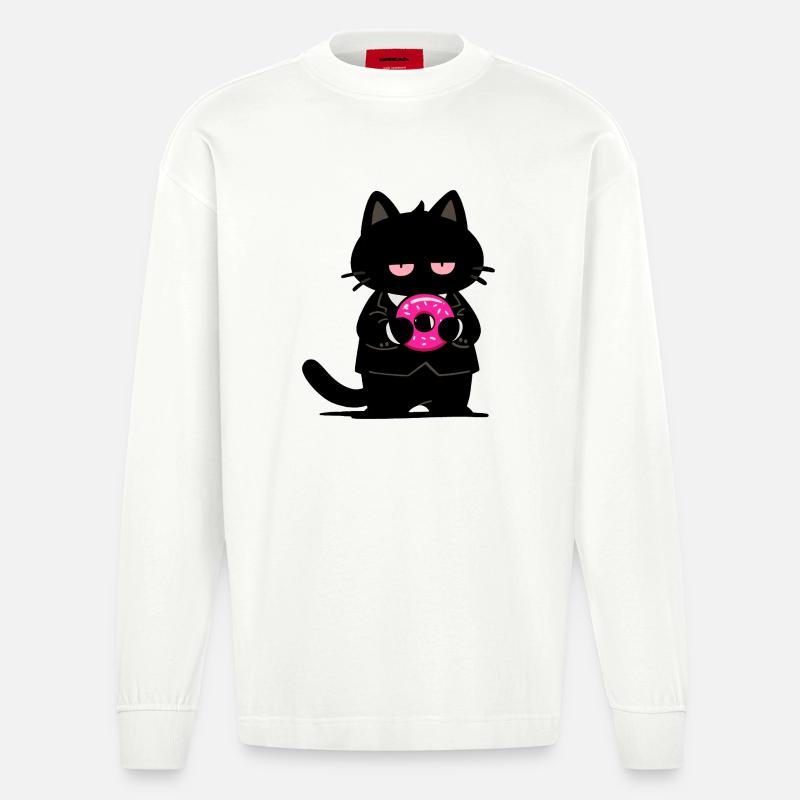 Chat noir avec un donut rose - Manches longues bio épais oversize fabriqué en UE - OFF WHITE