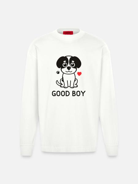 Good Boy – Cute Dog Motif - Heavyweight Oversized Organic Longsleeve Shirt Made in EU - OFF WHITE