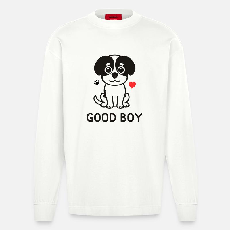 Bon garçon – Motif du chien mignon - Manches longues bio épais oversize fabriqué en UE - OFF WHITE