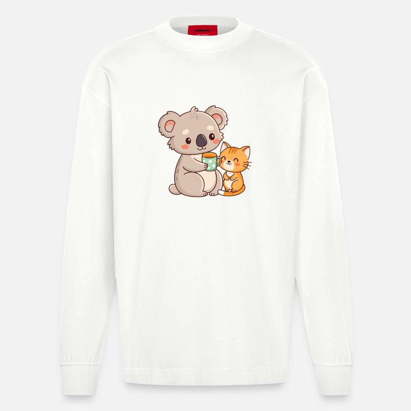 Koala und Katze Süßer Kaffee - Heavyweight Oversized Organic Langarmshirt Made in EU - OFF WHITE