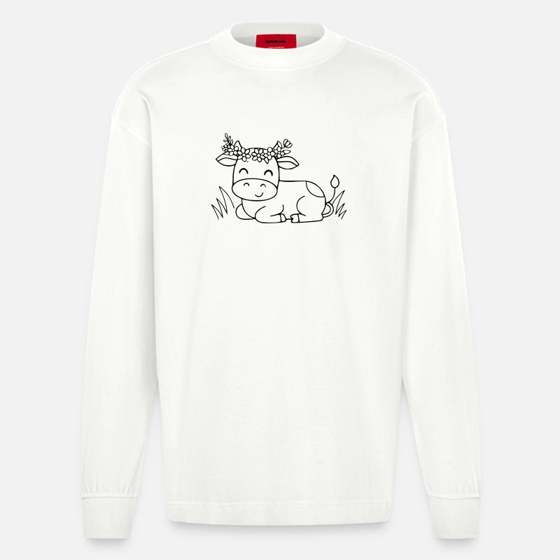 Süße Kuh Blumenkranz Boho Outline - Heavyweight Oversized Organic Langarmshirt Made in EU - OFF WHITE