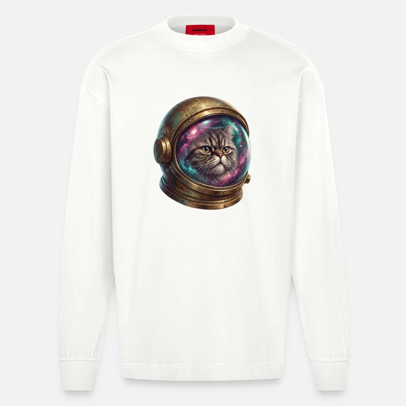 Astronaute chat dans un casque spatial - Manches longues bio épais oversize fabriqué en UE - OFF WHITE