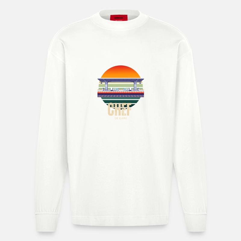 Station Master Retro Sunset Train - Heavyweight Oversized Organic Langarmshirt Made in EU - OFF WHITE