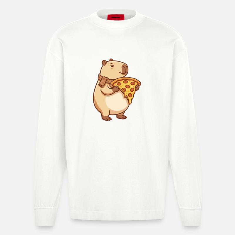 Pizza Capybara mit schmelzendem Käse - Heavyweight Oversized Organic Langarmshirt Made in EU - OFF WHITE