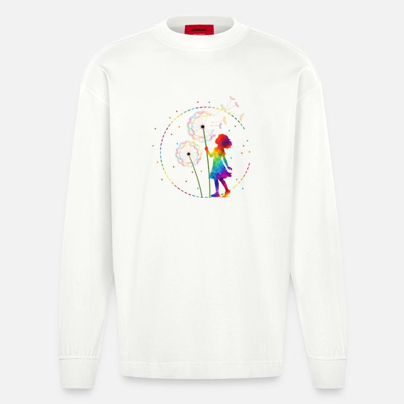 Regenbogen Mädchen mit Pusteblume - Heavyweight Oversized Organic Langarmshirt Made in EU - OFF WHITE