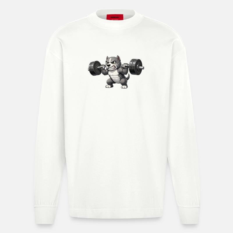 Pitbull Gewichtheber Bodybuilder Powerlifting Gym - Heavyweight Oversized Organic Langarmshirt Made in EU - OFF WHITE
