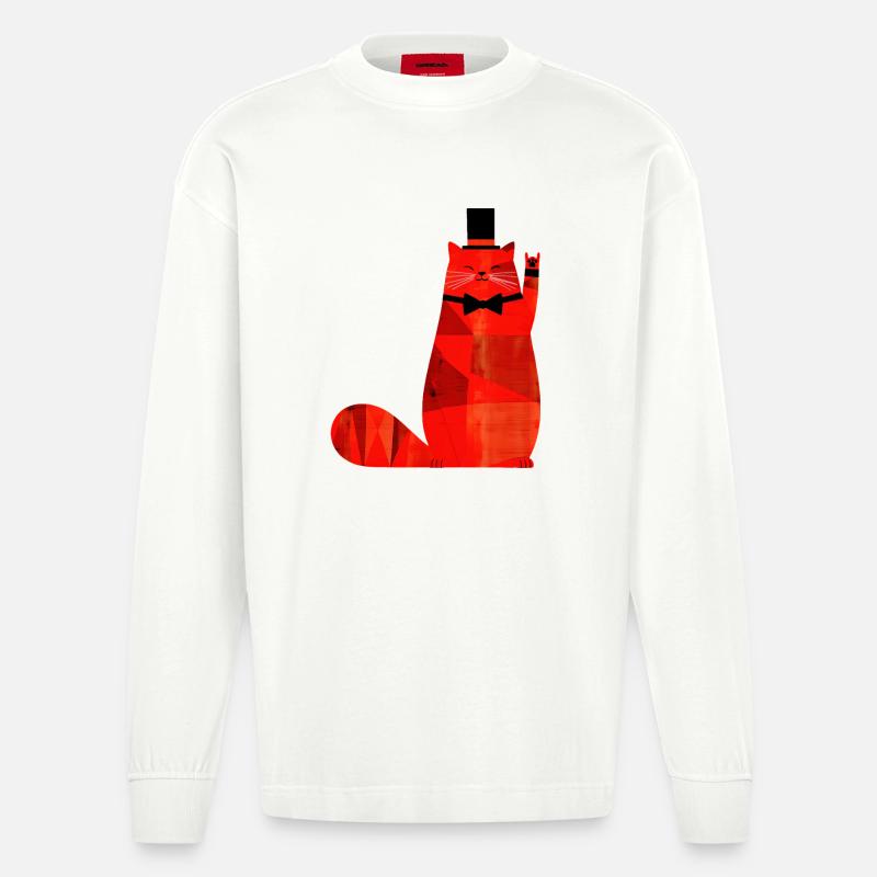 Rote Katze mit Fliege und Zylinder - Heavyweight Oversized Organic Langarmshirt Made in EU - OFF WHITE