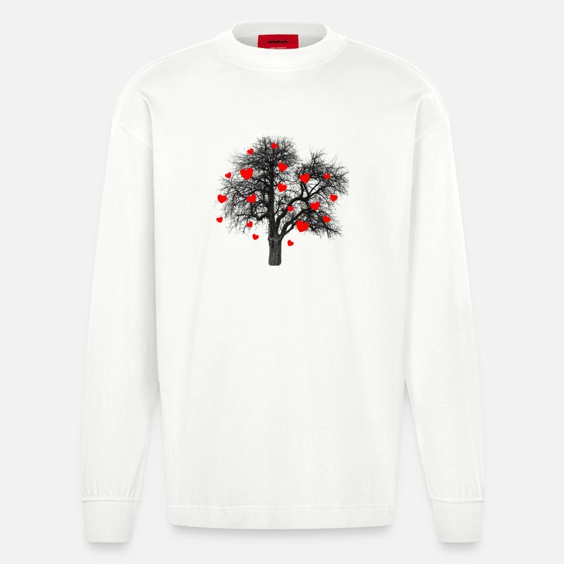 Rote Herzen Baum mit Herzen - Heavyweight Oversized Organic Langarmshirt Made in EU - OFF WHITE