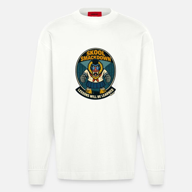 Schule Smackdown Primaten Affe Mandrill - Heavyweight Oversized Organic Langarmshirt Made in EU - OFF WHITE