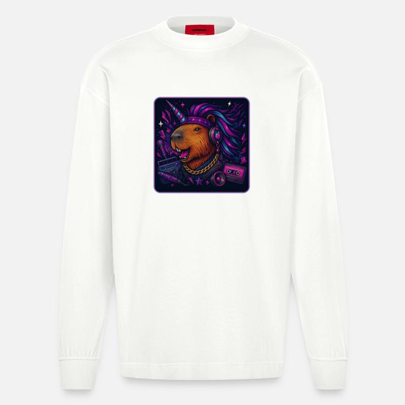 Capybara Einhorn Retro DJ - Heavyweight Oversized Organic Langarmshirt Made in EU - OFF WHITE