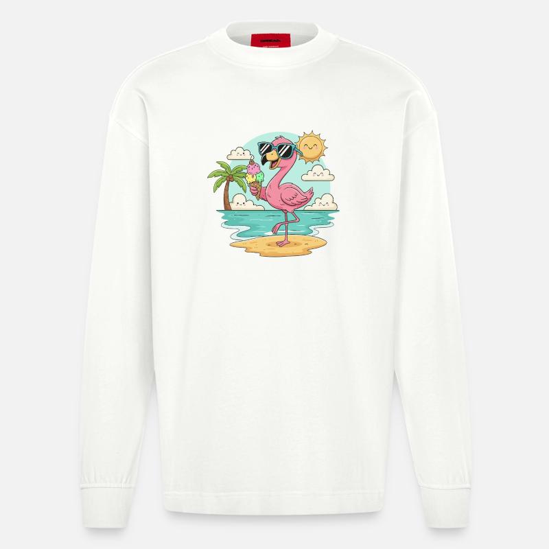 Flamingo am Strand mit Eis & Sonne - Heavyweight Oversized Organic Langarmshirt Made in EU - OFF WHITE