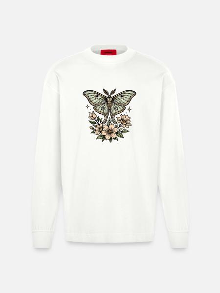 Moth with flower bouquet - Heavyweight Oversized Organic Longsleeve Shirt Made in EU - OFF WHITE
