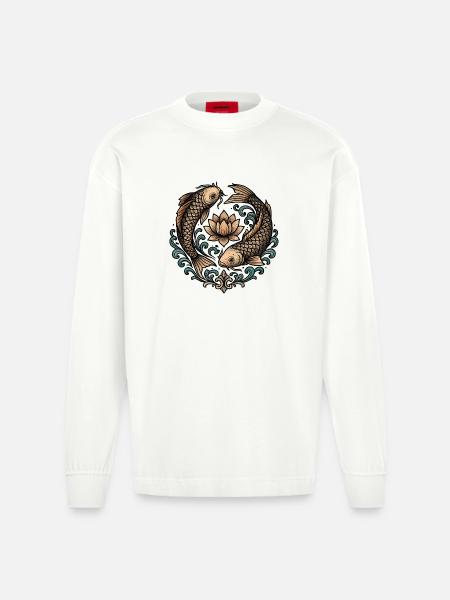 Koi and Lotus Circle Harmony Tattoo - Heavyweight Oversized Organic Longsleeve Shirt Made in EU - OFF WHITE