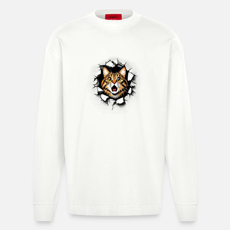 Katze Kopf Mauer Loch Risse Durchbruch - Heavyweight Oversized Organic Langarmshirt Made in EU - OFF WHITE
