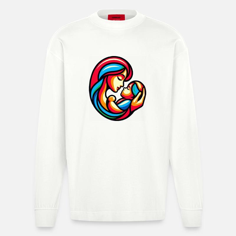 Bunte Mutter-Kind-Harmonie - Heavyweight Oversized Organic Langarmshirt Made in EU - OFF WHITE