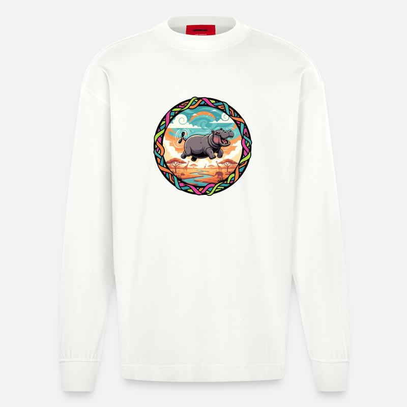 Witziger Hippo fliegendes Nilpferd bunt Savanne  - Heavyweight Oversized Organic Langarmshirt Made in EU - OFF WHITE