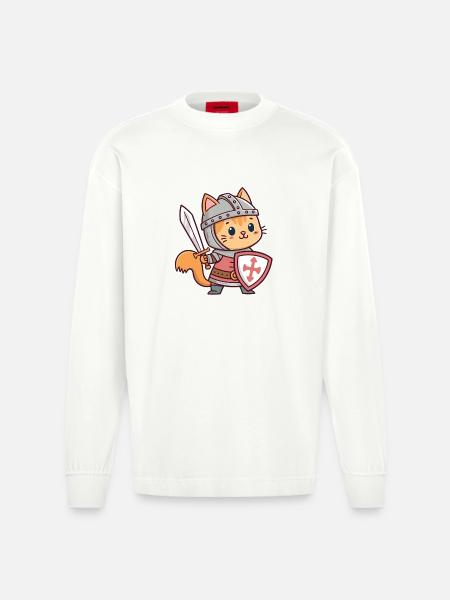 Heroic Knight Cat - Heavyweight Oversized Organic Longsleeve Shirt Made in EU - OFF WHITE