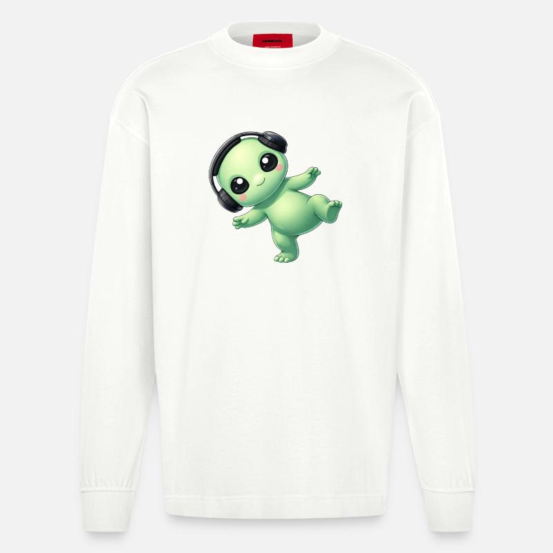 Alieno alieno con cuffie Techno Dancing - Maglia a maniche lunghe ecologica oversize Heavyweight Made in UE - OFF WHITE