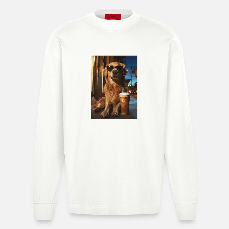 Golden Retriever mit Eiskaffee - Heavyweight Oversized Organic Langarmshirt Made in EU - OFF WHITE