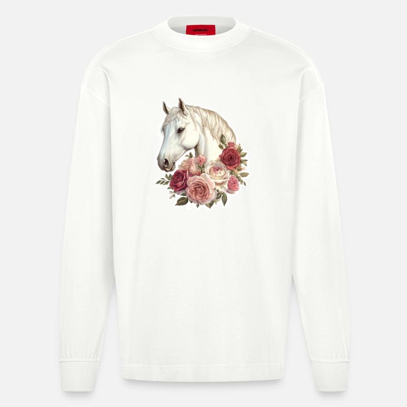 Cheval avec des fleurs - Manches longues bio épais oversize fabriqué en UE - OFF WHITE