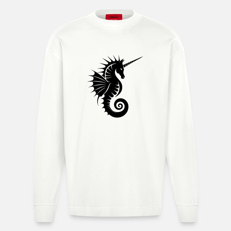 Einhorn-Seepferdchen Silhouette - Heavyweight Oversized Organic Langarmshirt Made in EU - OFF WHITE