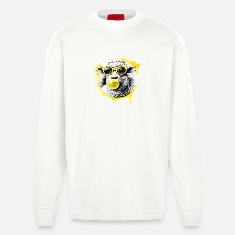 Lamm mit Gelber Brille Pop-Art - Heavyweight Oversized Organic Langarmshirt Made in EU - OFF WHITE