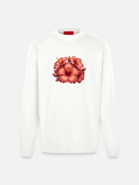 Hibiscus in rose red - Heavyweight Oversized Organic Longsleeve Shirt Made in EU - OFF WHITE