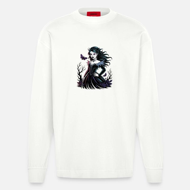 Dunkle Blüten Gothic Dame - Heavyweight Oversized Organic Langarmshirt Made in EU - OFF WHITE