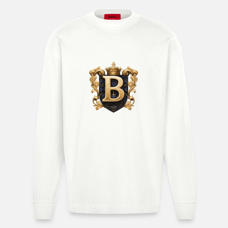 B Buchstabe Name Krone - Heavyweight Oversized Organic Langarmshirt Made in EU - OFF WHITE
