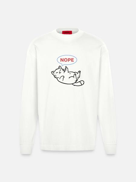Laughing Cat Nope Middle Finger - Heavyweight Oversized Organic Longsleeve Shirt Made in EU - OFF WHITE