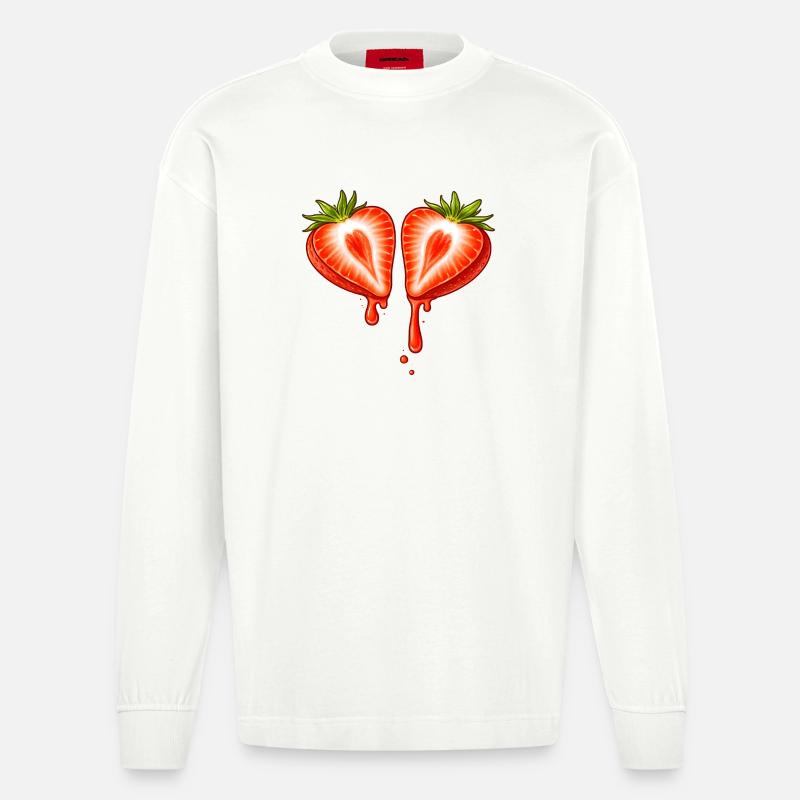Geteilte Erdbeere mit Herzform  - Heavyweight Oversized Organic Langarmshirt Made in EU - OFF WHITE