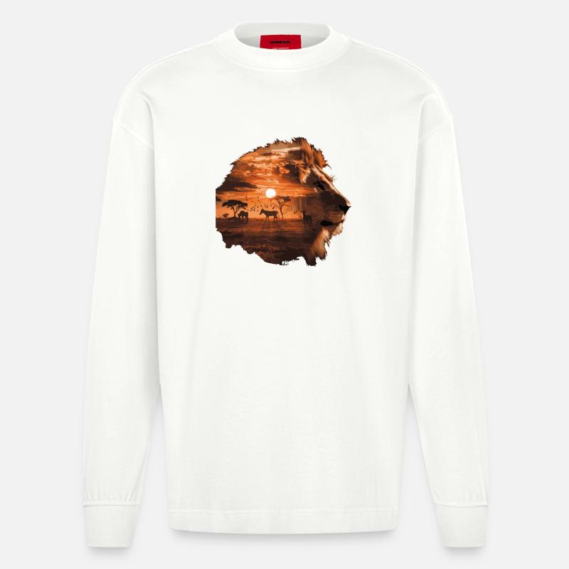 Löwe Savanne Sunset Double Exposure Design - Heavyweight Oversized Organic Langarmshirt Made in EU - OFF WHITE
