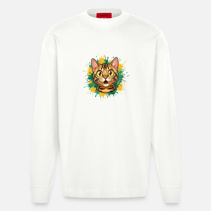 Katzenkopf Farbexplosion Illustration - Heavyweight Oversized Organic Langarmshirt Made in EU - OFF WHITE